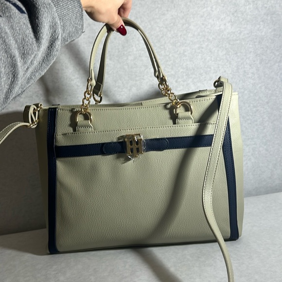 Tommy Hilfiger Taupe Navy Leather Satchel Tote Bag - Picture 2 of 11